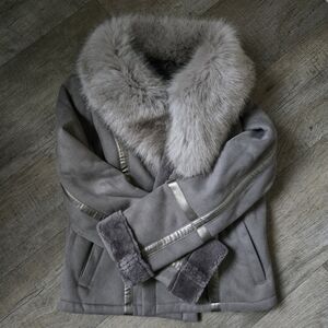 White House Black Market Grey Fur Coat